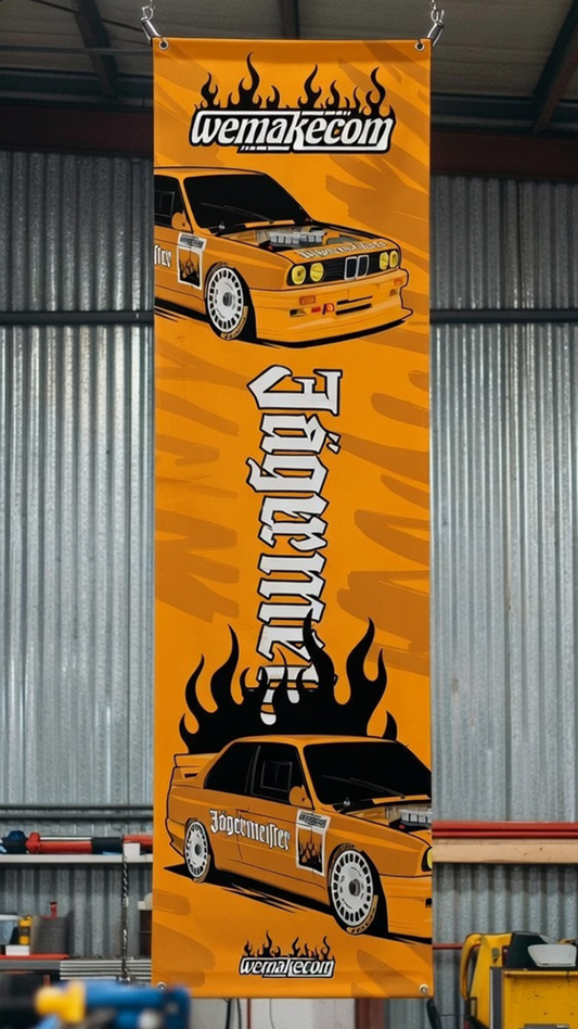 bmw m3 DTM jagermeister artcar banner garage drapeau E30 DTM orange 