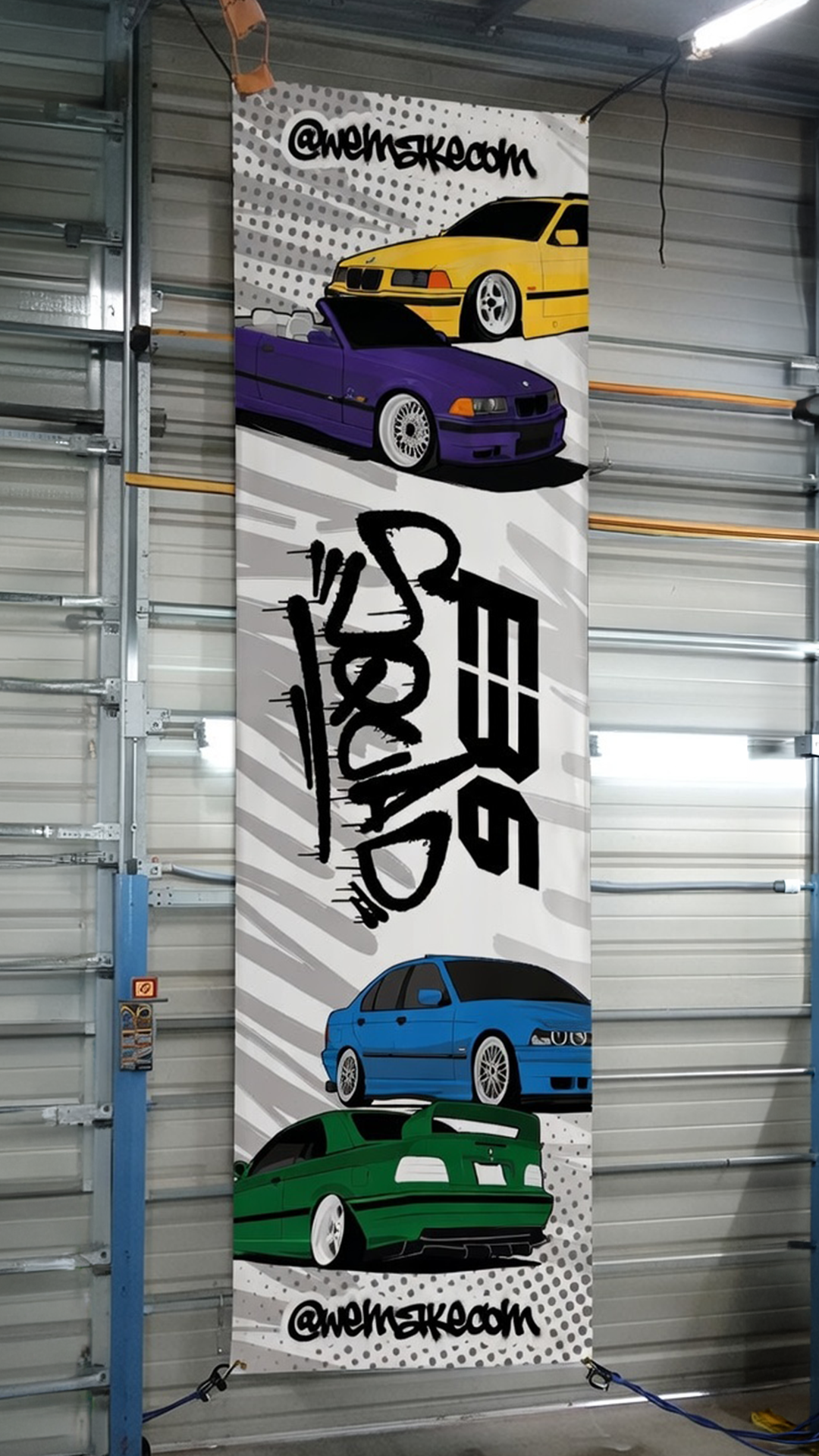 banderole drapeau BMW E36 decoration garage personnalisée wemakecom graphiste banner art